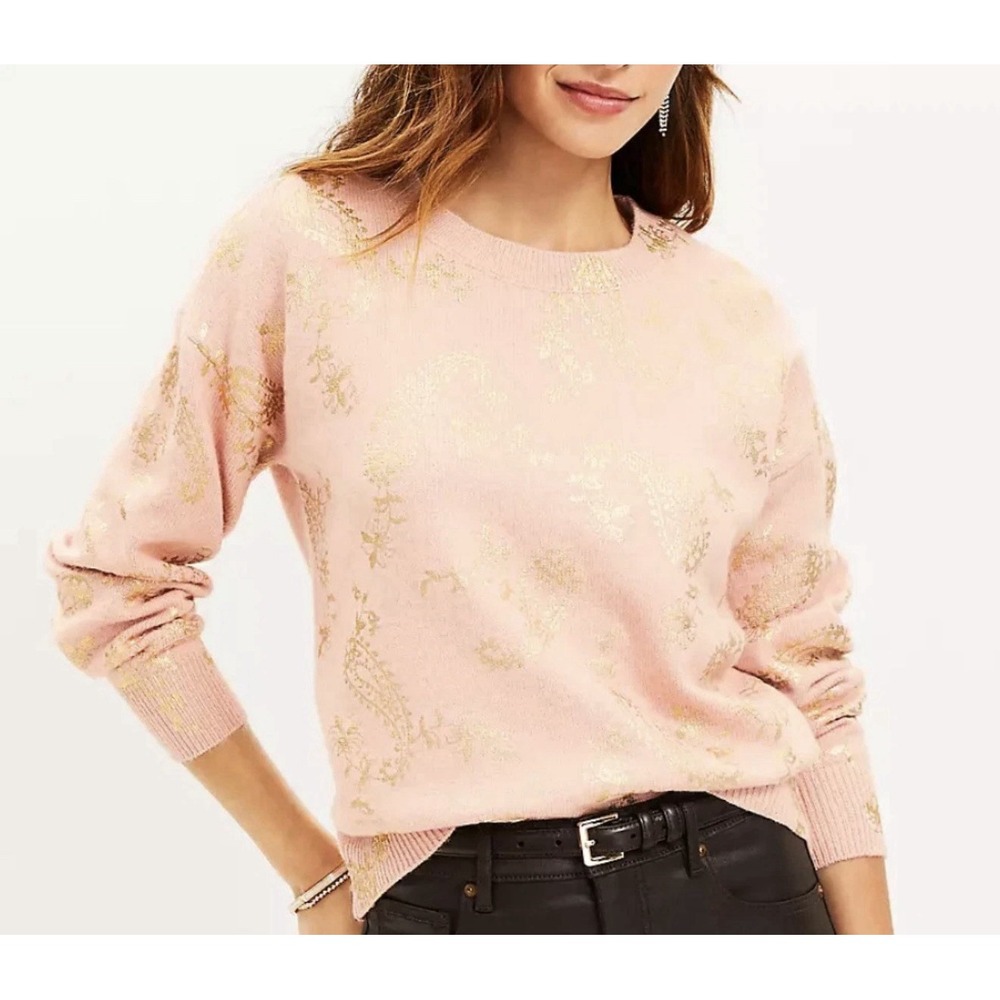 NEW Ann Taylor LOFT Crew Neck Sweater Sz XL Blush Pink Gold Foil Paisley Preppy